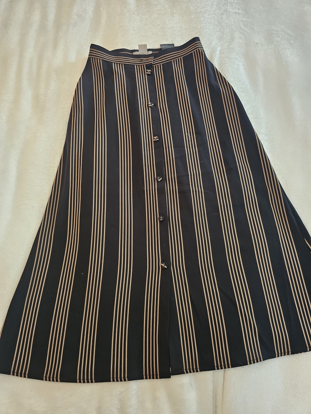 H&M Black A-Line Skirt with Beige Stripes — Button Front